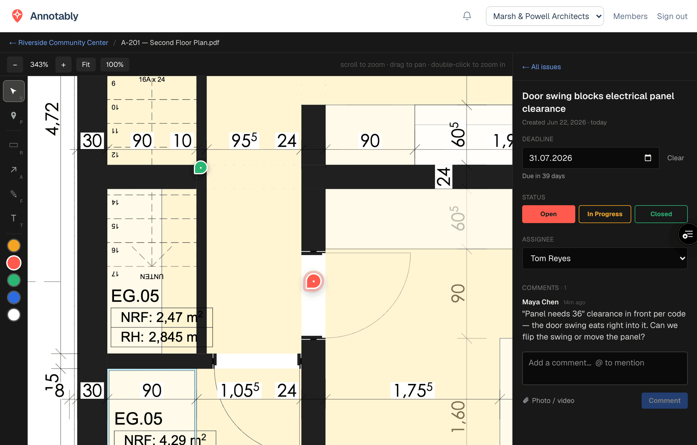 A construction drawing in Annotably with a pin dropped on a door, opened into a tracked issue — title, status, assignee, and a comment thread.